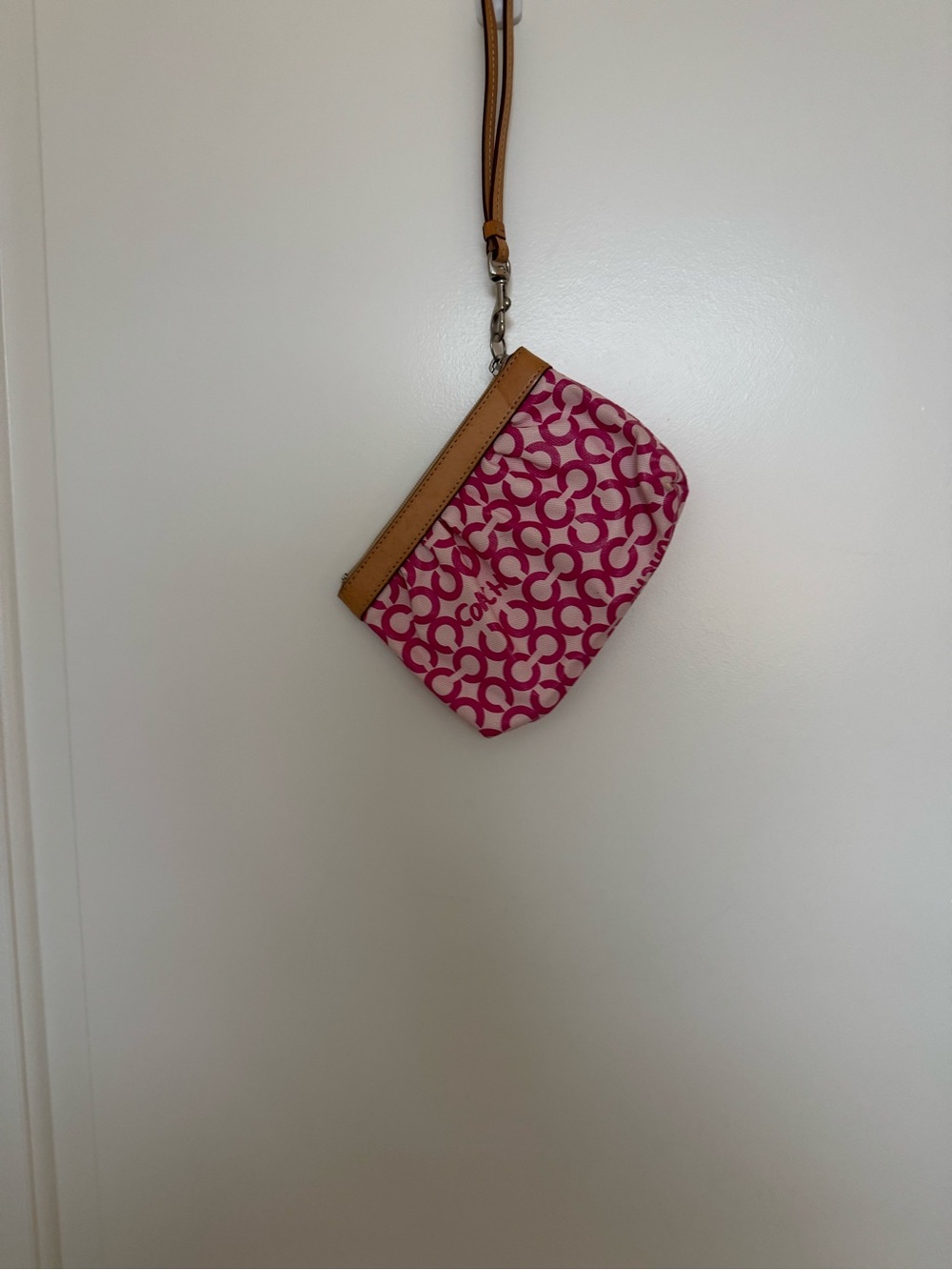 Coach Pink Signature Wristlet with Tan Leather Trim